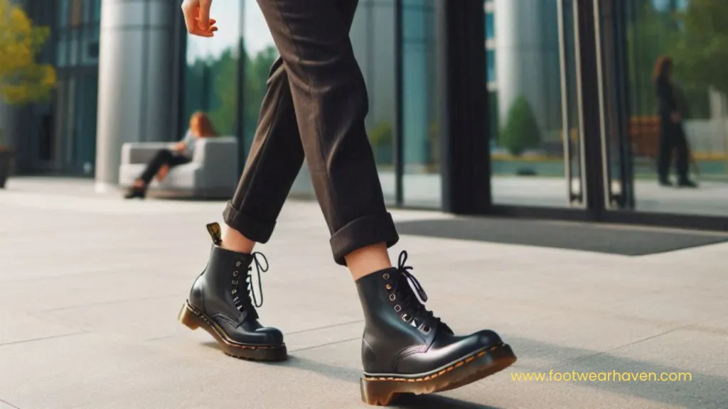 A person walks in stylish black lace-up boots, paired with rolled-up black trousers, against a modern urban background.