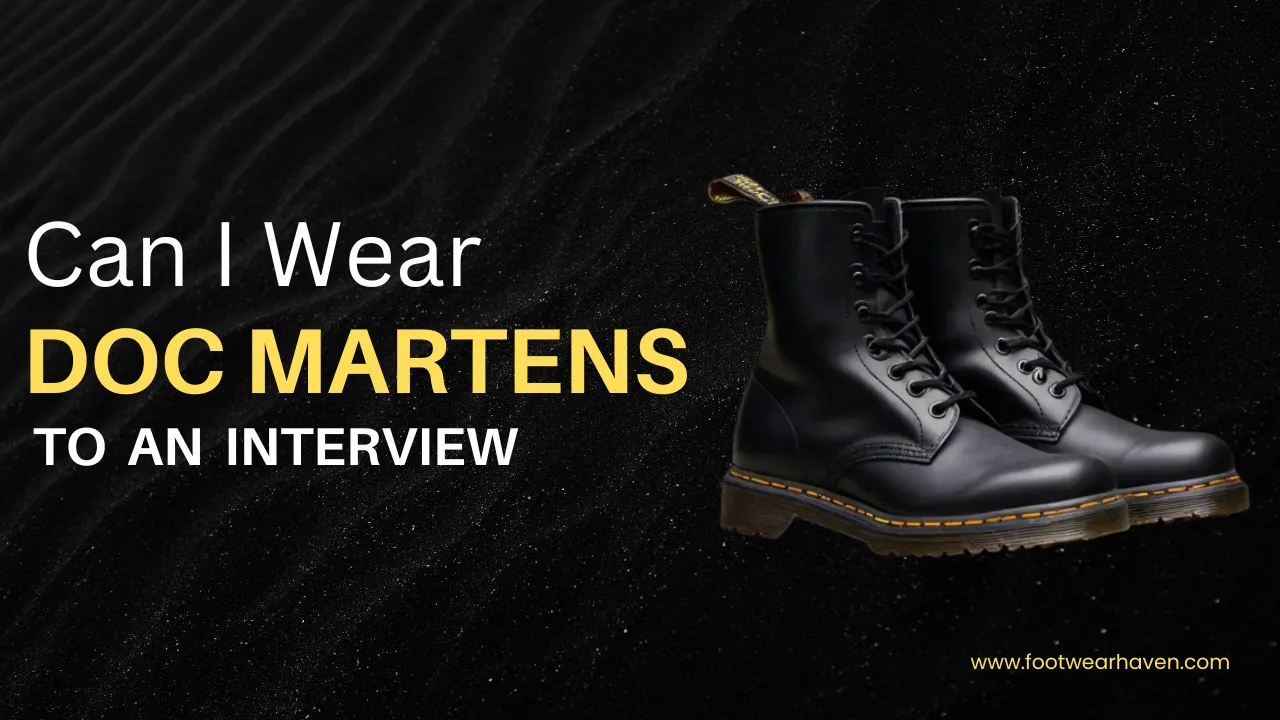 Black Doc Martens boots on a textured dark background with text asking Can I Wear Doc Martens to an Interview.