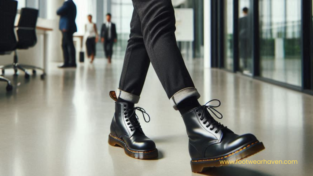 Person walking in an office setting, wearing black leather lace-up boots—showing that yes, you can wear Doc Martens in the office. Three blurred figures and modern furnishings complete the contemporary workplace scene.