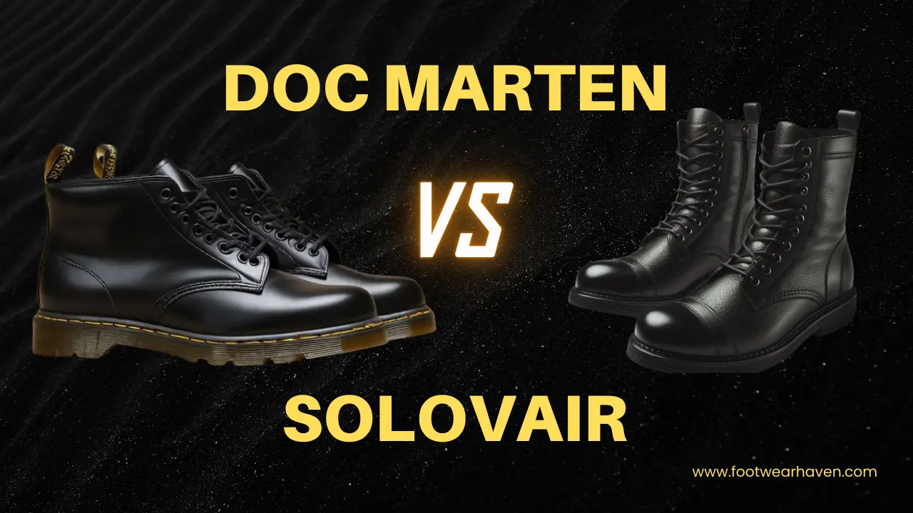 A comparison of black combat boots: Doc Marten vs Solovair, with bold text labeling each brand.