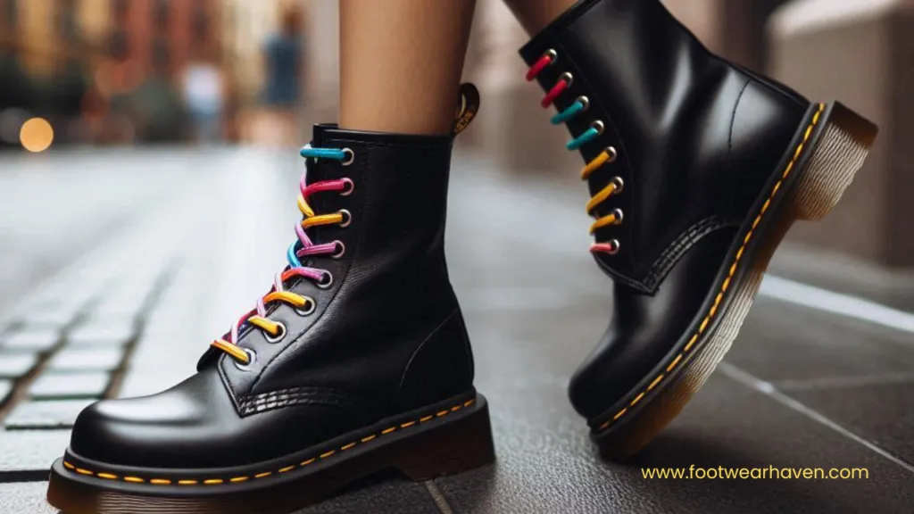 Black combat boots with colorful laces on a city street, showcasing a stylish and edgy urban fashion statement.