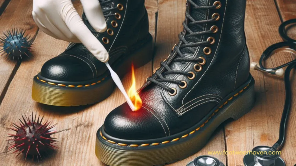 A gloved hand applies heat to the toe of a black boot, surrounded by spiky objects and a stethoscope on a wooden surface.