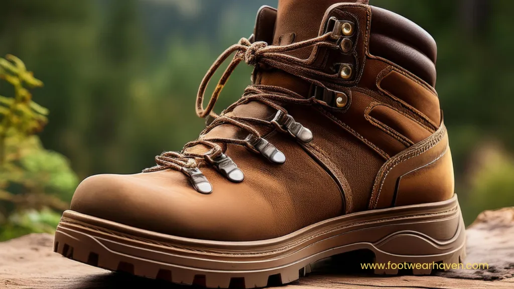 Close-up of a rugged brown hiking boot with metal hooks and laces, set against a blurred natural background. Ideal for outdoor adventures.