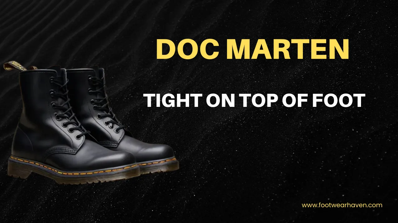 A pair of classic black Doc Marten boots with a tight fit on the top of the foot, set against a textured black background "Doc Martens Tight On Top Of Foot"