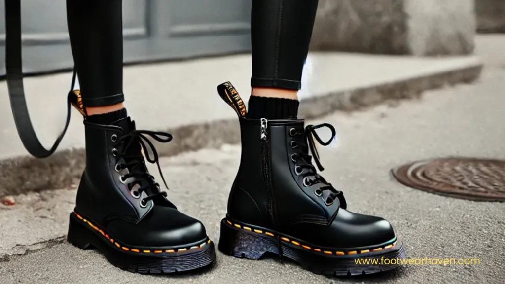 Woman wearing black Doc Martens boots paired with sleek black leggings on a city sidewalk, showcasing a casual street style outfit for styling Doc Martens with leggings.