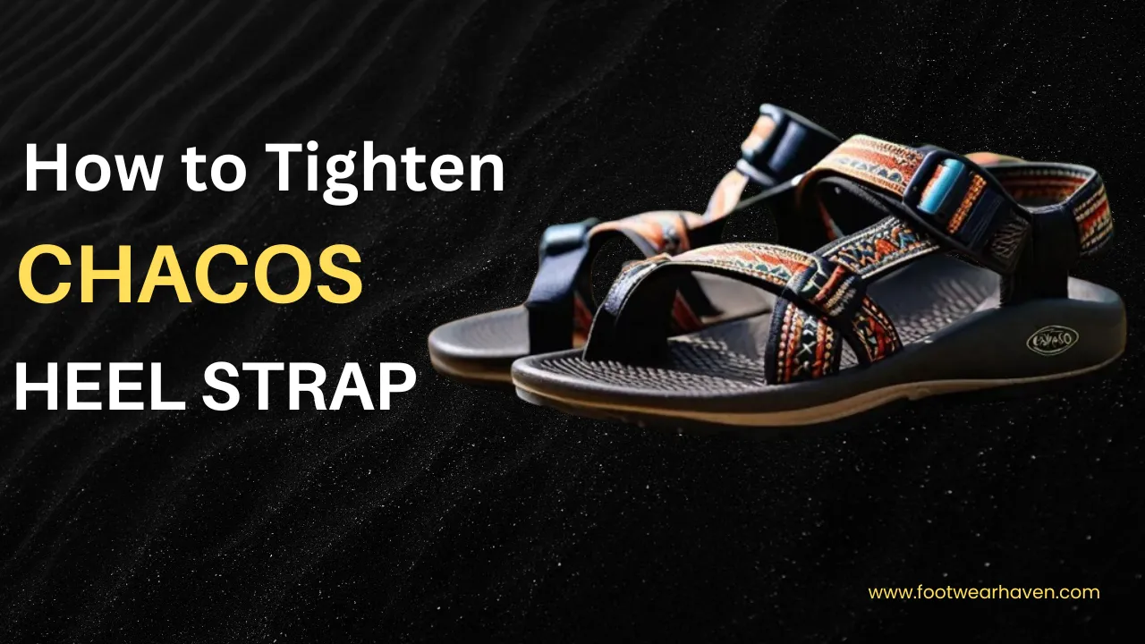 Close-up of Chaco sandals on black sand, with text overlay: "how do you tighten Chacos heel strap"