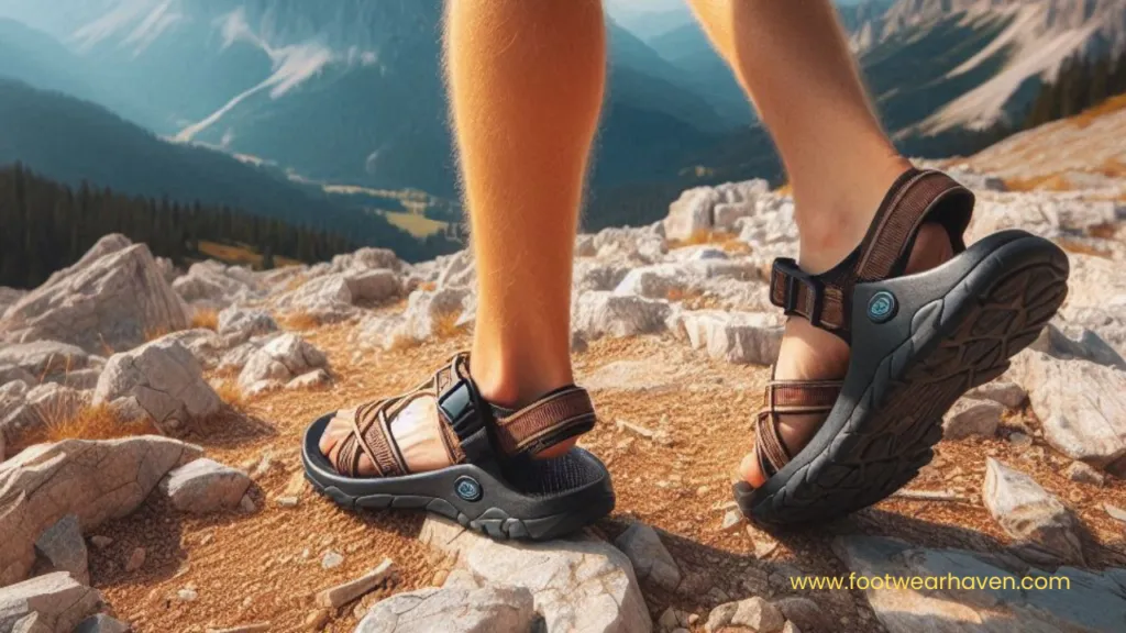 A close-up of a hiker's feet in brown sandals walking on rocky terrain, with mountains in the background and sunlight illuminating the scene.
