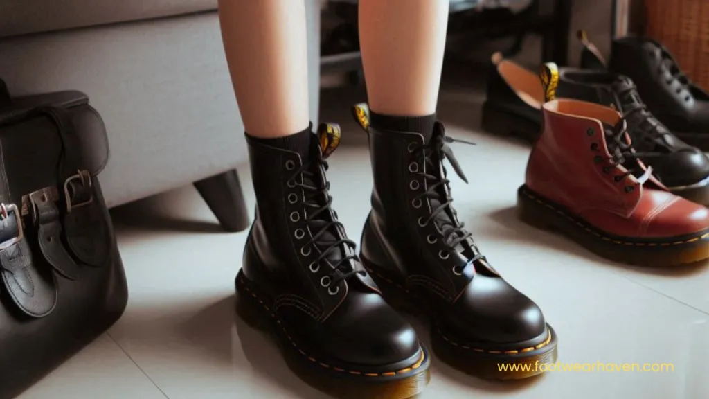 A pair of stylish black lace-up boots worn with a casual outfit, surrounded by additional colorful boots and a black satchel represents how How to Style Doc Martens with Shorts.
