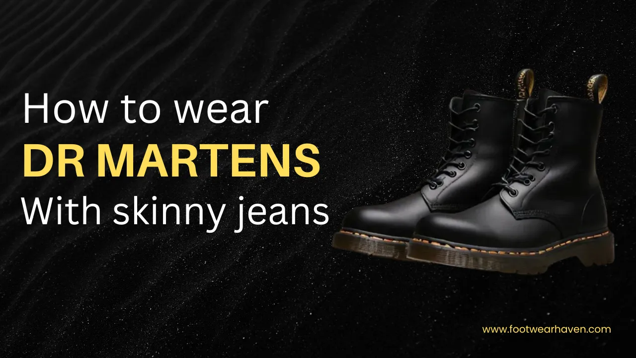 A pair of black doc marten against black background with text how to wear doc martens with skinny jeans.