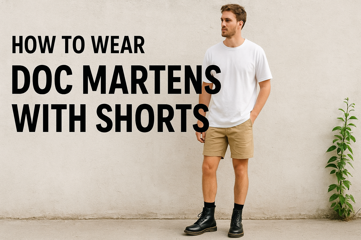 A person stands against a beige wall, wearing a white t-shirt, khaki shorts, and black Doc Martens boots, with a green plant nearby and text How to wear Doc Martens with shorts on the wall