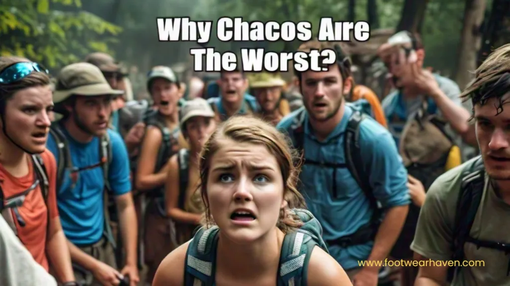 A group of hikers in outdoor gear gathers in a forested area, with a text overlay questioning the quality of Chaco sandals.