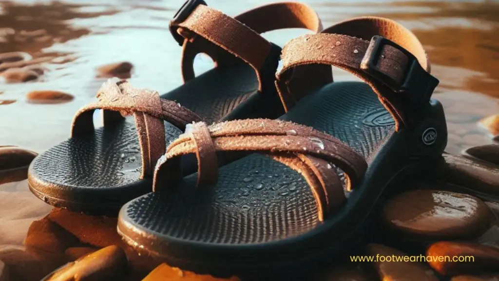 Close-up of water-resistant brown sandals resting on wet rocks, glistening with droplets, perfect for outdoor adventures.