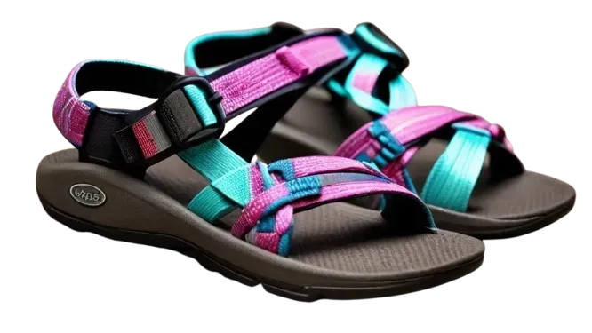 Vibrant outdoor sandals featuring a crisscross strap design in pink and teal, with an adjustable buckle for comfort and support.