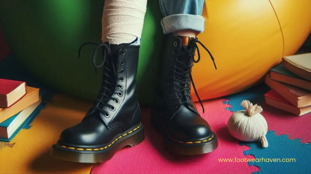 Black lace-up combat boots stand on colorful floor mats, surrounded by books and a small fabric bundle, with a bandaged leg in view.