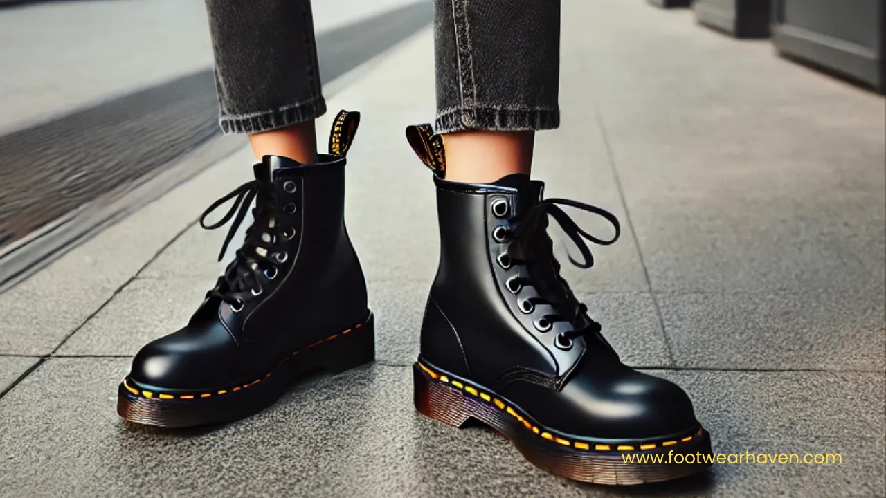 Stylish black Doc Martens paired with rolled-up black skinny jeans on a city sidewalk, showcasing a trendy and casual way to wear Doc Martens with skinny jeans.