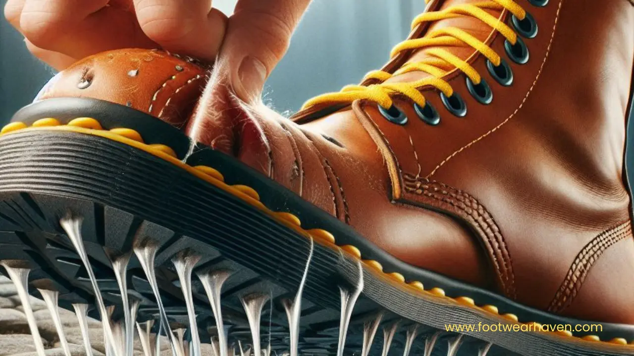 A close-up of a brown boot with yellow laces, showing a hand pulling the flexible upper, revealing a textured sole with water droplets.