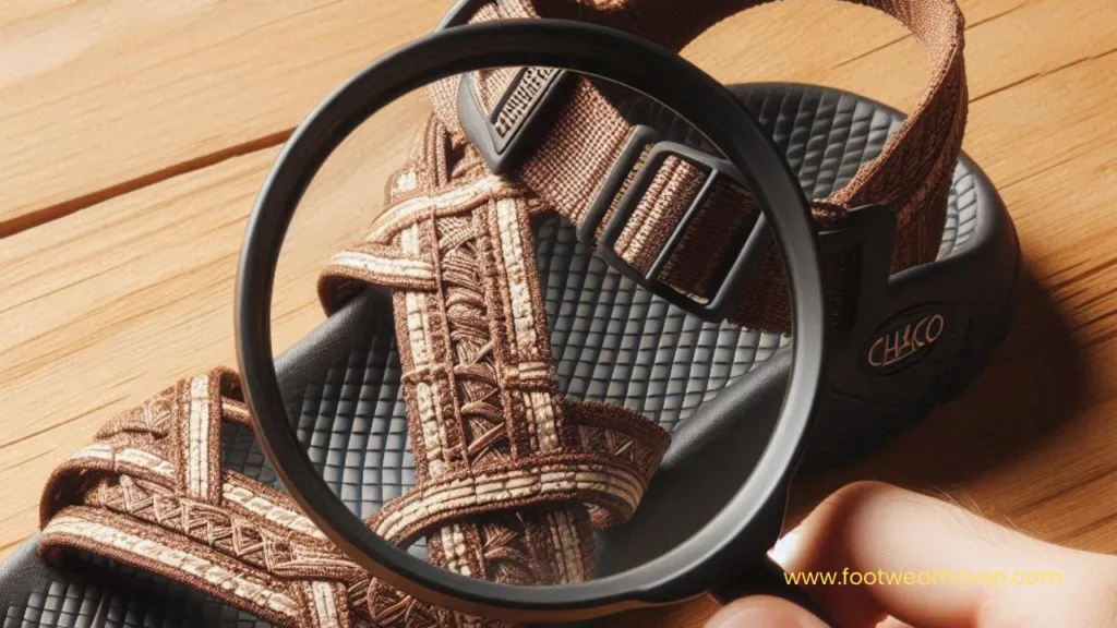 A close-up of a brown sandal under a magnifying glass, highlighting its woven straps and textured sole on a wooden surface represents the way to identify fake Chacos.