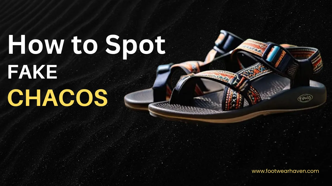 A close-up of patterned Chacos sandals on a dark sand background, with text overlay reading "How to Spot Fake CHACOS".