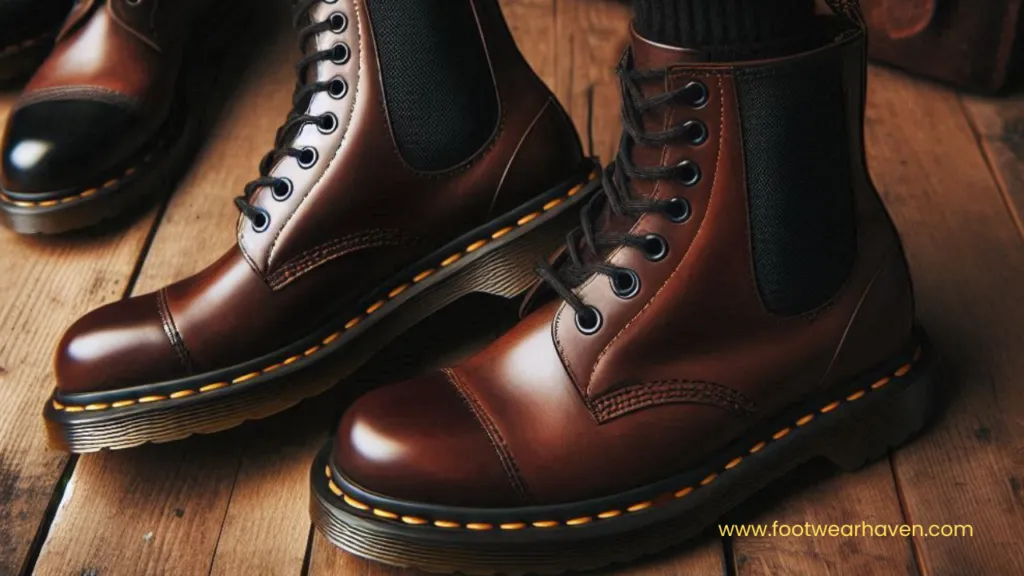 A close-up of stylish brown leather Doc Marten Chelsea boots with black accents and yellow stitching, set on a wooden floor — showing how to style Doc Marten Chelsea boots.