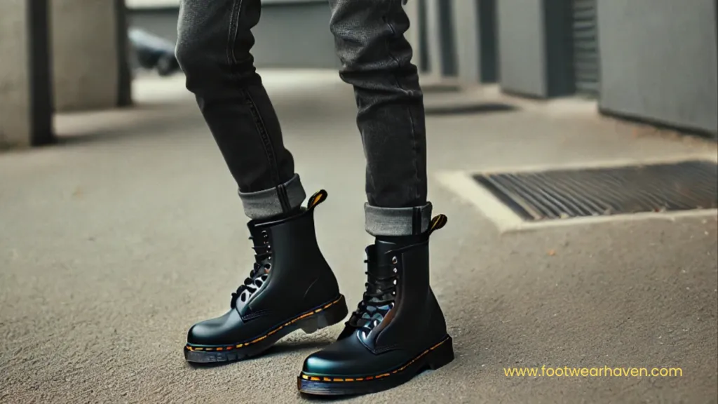 Person wearing black lace-up doc Martens and rolled-up gray jeans stands on a city sidewalk. The image has an urban style and casual vibe that represents to wear doc martens with jeans for guys.