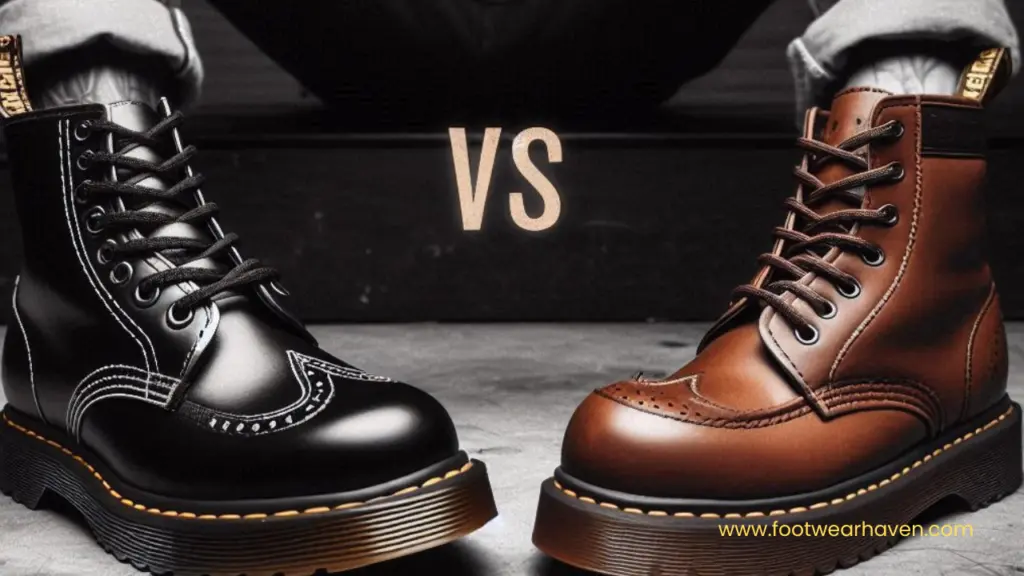 A comparison of two stylish boots: one sleek black and one rich brown, displayed against a dark background with "VS" between them represents dr martens vs solovair.