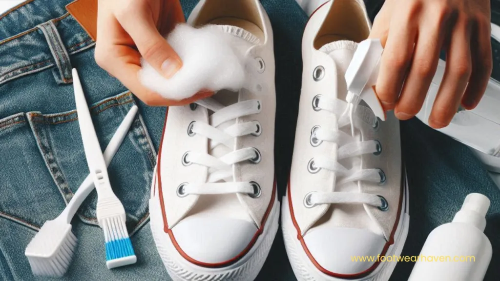 A person cleaning white sneakers with foam, surrounded by cleaning tools on blue denim fabric.