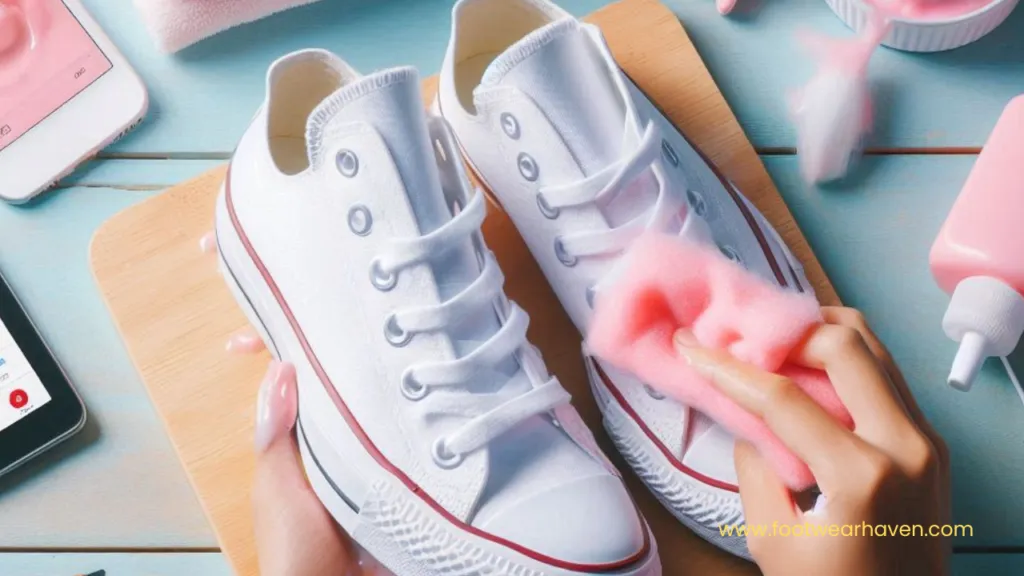 A person cleans white sneakers with a pink sponge, surrounded by cleaning supplies and a smartphone on a wooden table.