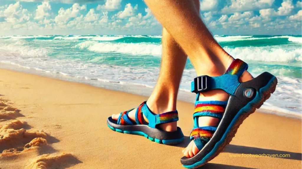 A close-up of a person's legs walking on the beach, wearing colorful sandals, with waves and clouds in the background.