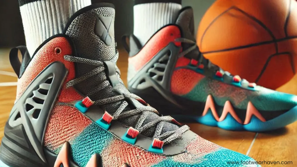 Close-up of vibrant basketball shoes with gray, coral, and turquoise accents, set against a wooden court with a basketball in the background.
