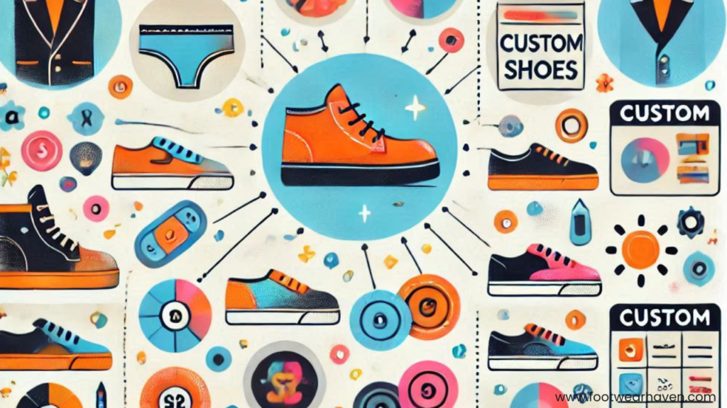 Colorful graphic showcasing a variety of custom shoes and design elements, featuring sneakers, patterns, and icons related to footwear customization.