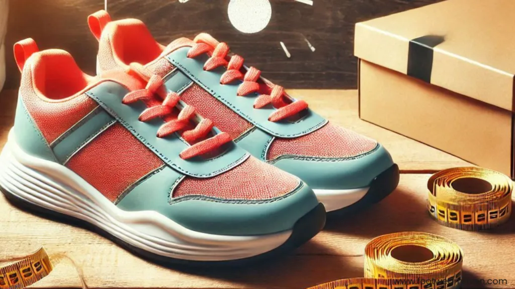 A pair of vibrant coral and teal sneakers sits on a wooden table beside a measuring tape and a brown box.