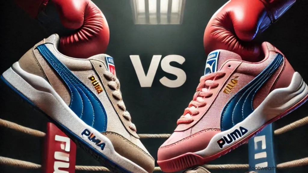 A boxing-themed image showcasing two pairs of Puma sneakers, one beige and blue, the other pink and blue, in a ring setting.