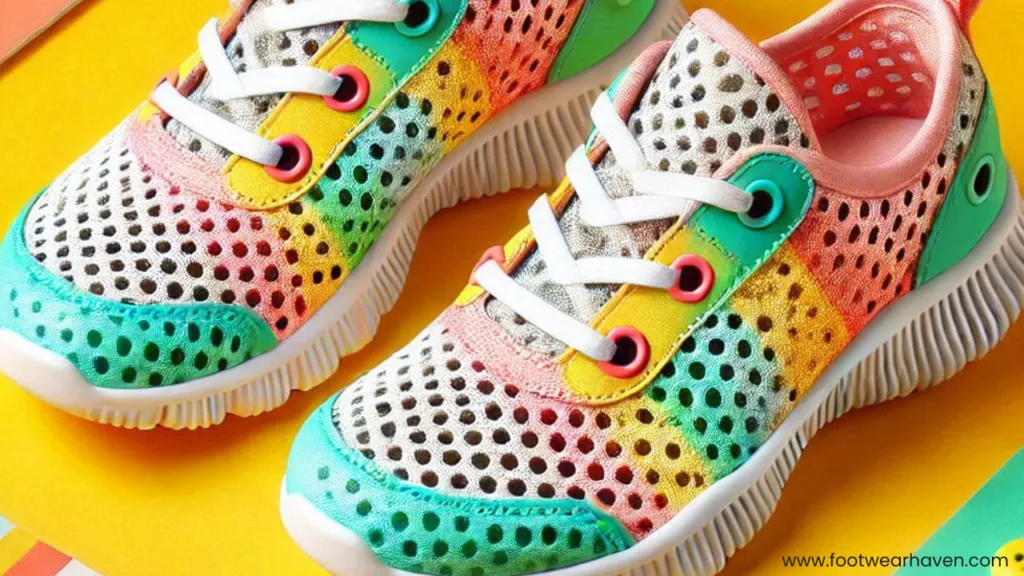 Colorful, mesh sneakers featuring a playful design with pink, green, yellow, and turquoise accents, set against a bright yellow background.
