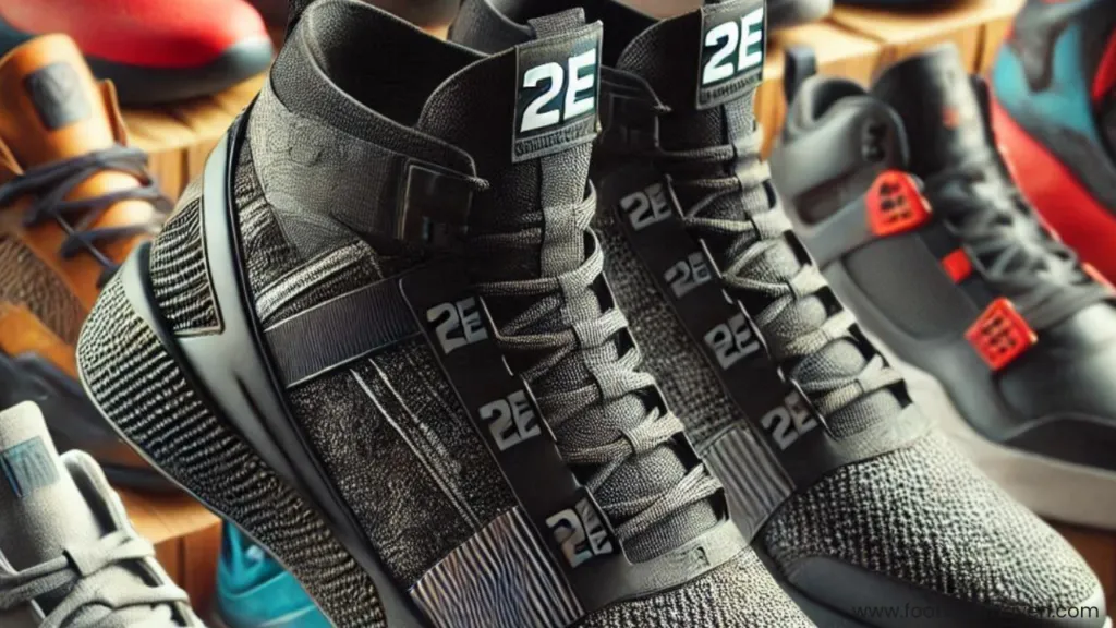Close-up of stylish black athletic shoes with "2E" branding, surrounded by various other sneaker designs in the background.