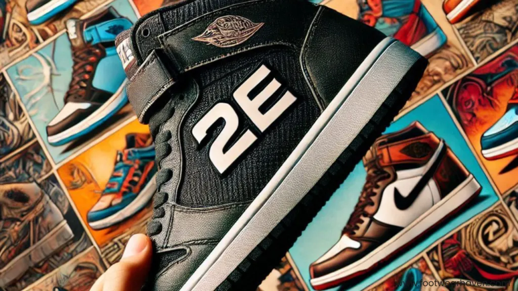 A close-up of a black Air Jordan sneaker with a "2E" logo, set against a vibrant background of illustrated sneakers.