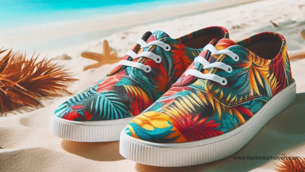 Colorful tropical print sneakers on sandy beach, with vibrant palm leaves, evoking a summer vibe near the ocean.