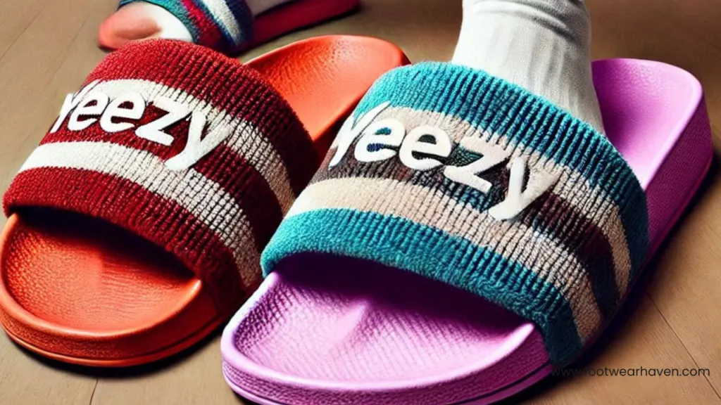 Two pairs of Yeezy slides in vibrant colors; one red with white stripes, the other blue and purple, featuring the "Yeezy" logo.