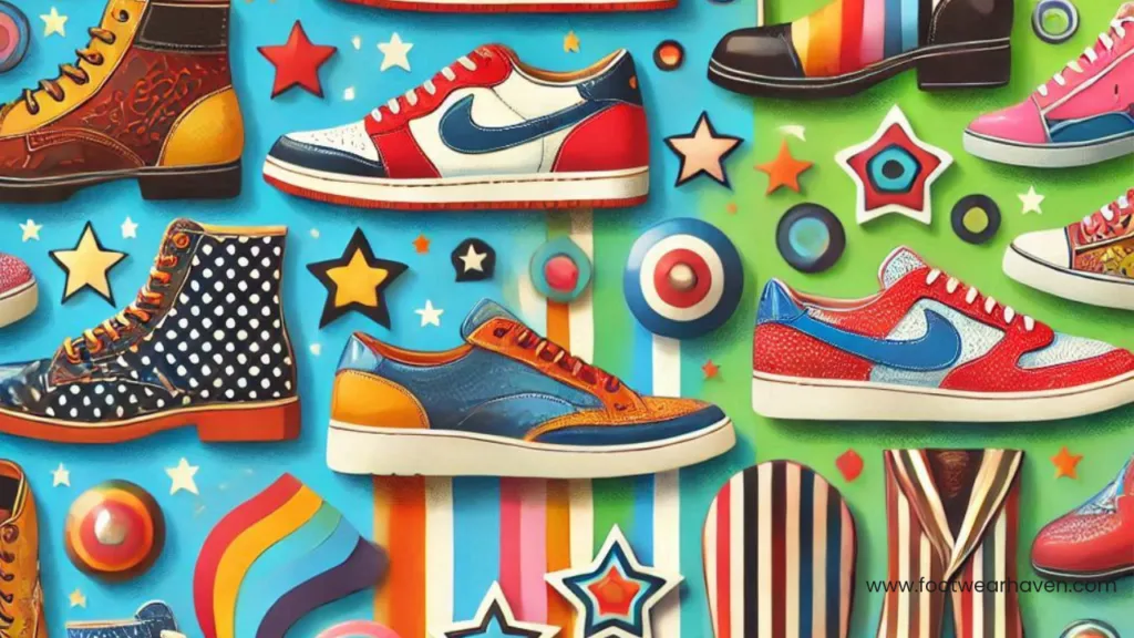 A vibrant collection of colorful sneakers and boots surrounded by stars and circles against a playful green backdrop.